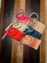 Load image into Gallery viewer, Ostrich Croc Handcuff Wristlet Clutch in Fucshia, Tan, Taupe, Teal, Red or Cognac