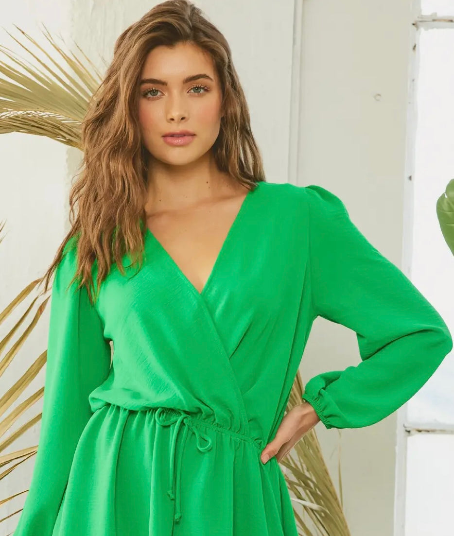 Long Sleeve Romper with a Surplice V-Neck in Kelly Green RileyRae Boutique Long Sleeve Romper with a Surplice V-Neck in Kelly Green RileyRae Boutique