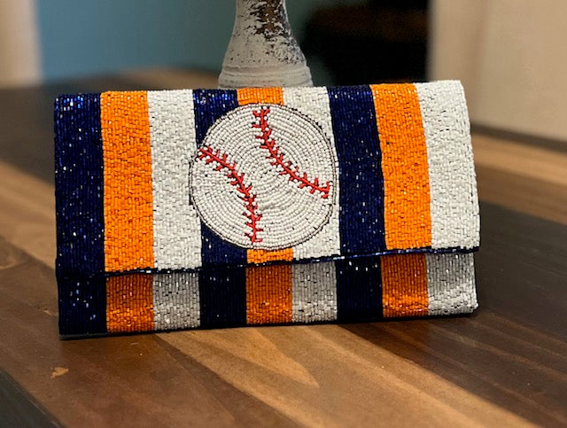 Houston Astros Baseball Hand Beaded Crossbody Purse/Clutch w/ Gold Chain Strap