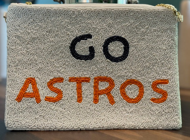 Houston Astros Hand Beaded Crossbody Bag in White with Go in Blue Beads and Astros in Orange w/Gold Chain Strap