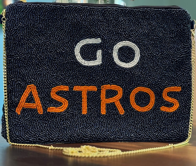 Houston Astros Hand Beaded Crossbody Bag in Blue with Go in White Beads and Astros in Orange Beads w/ Gold Chain Strap