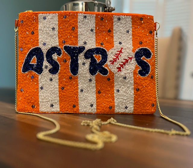 Houston Astros Hand Beaded Crossbody Bag with Orange and White Stripes w/ Gold Chain Strap