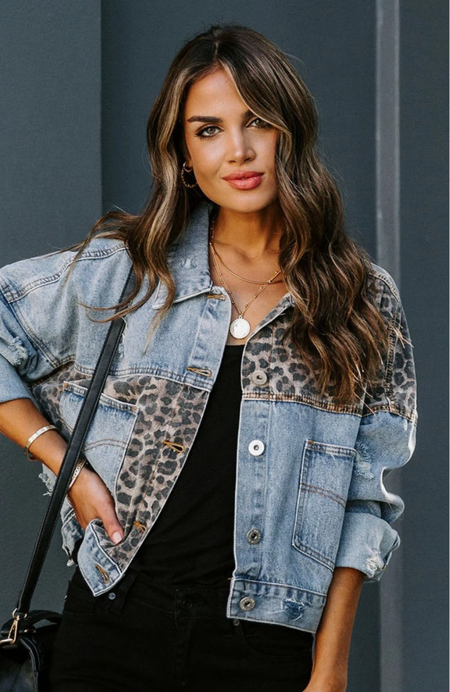 Leopard Blocked, Light Blue Denim Jacket