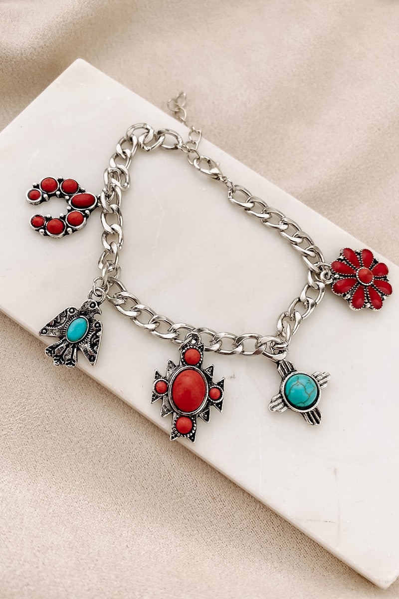 Silver Curb Chain Bracelet with Red Charms and Turquoise Stones