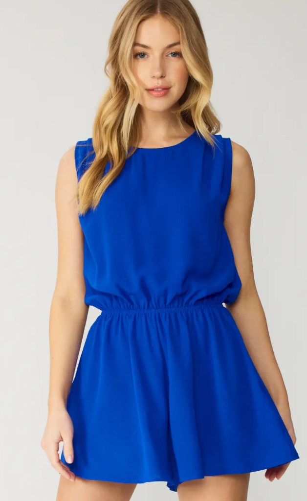 Pleated Sleeveless Romper with Flowy Shorts in Royal Blue