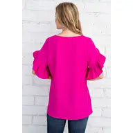 Load image into Gallery viewer, Ruffled Tulip Sleeve V Neck Top in Hot Pink
