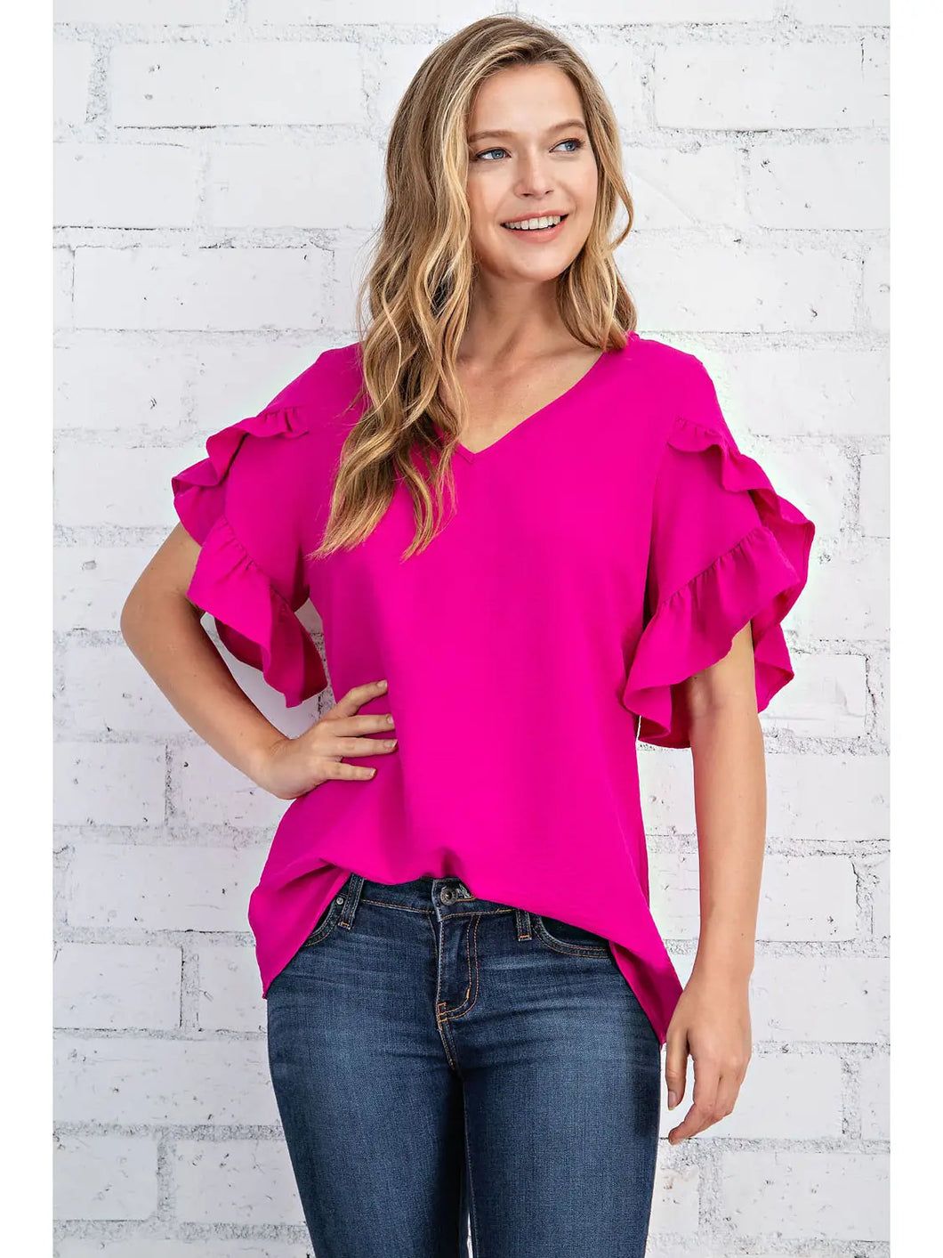 Ruffled Tulip Sleeve V Neck Top in Hot Pink – RileyRae Boutique