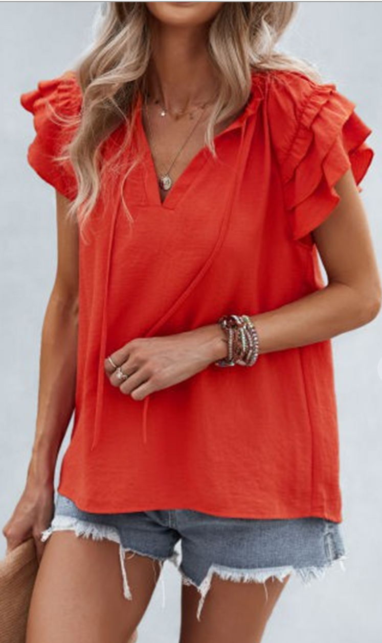 V Neck Casual Ruffle Sleeve Top In Red or White