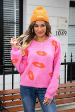 Load image into Gallery viewer, Printed Round Neck Long Sleeve Fuzzy Sweater
