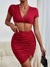 Load image into Gallery viewer, Twisted Deep V Cropped Top and Ruched Skirt Set
