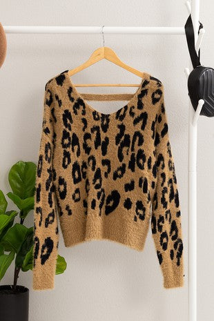 Animal Print Sweater with Long Loose Sleeves and a Bateau Neckline