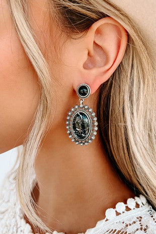 Black Marble Oval Dangle Earrings