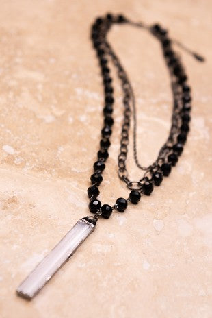 Black Multi- Strand Adjustable Necklace with Glass Like Pendant