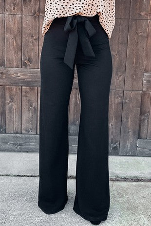 Black High Waist Front Tie Flared Pants