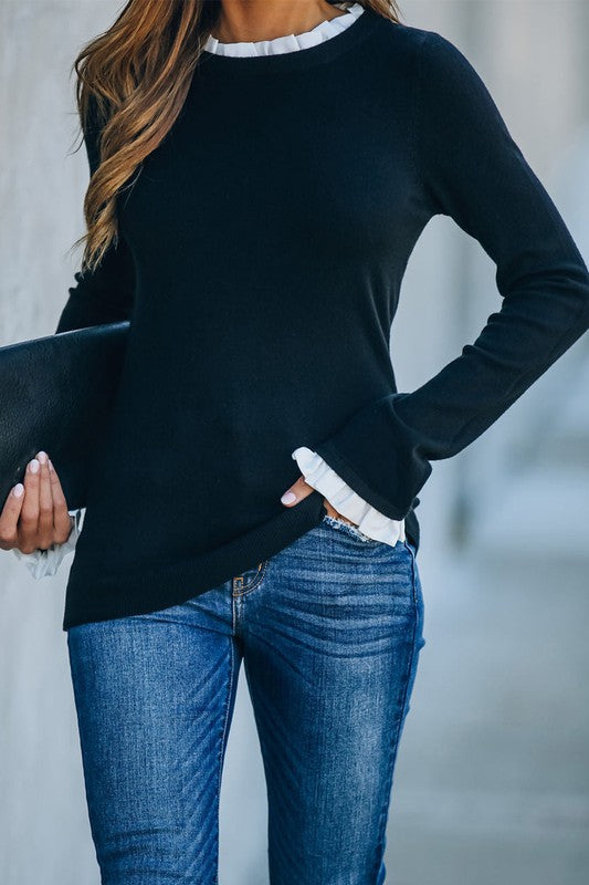 Black Long Sleeve Sweater with a White Collar and Cuffs