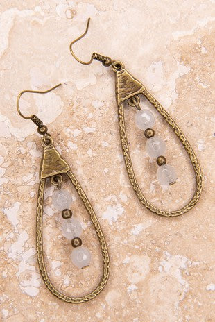 Bronze Teardrop Shape Dangle Earrings with Quartz Beads