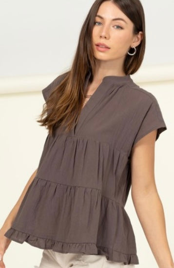 Chocolate Short Sleeve Ruffle Baby Doll Blouse