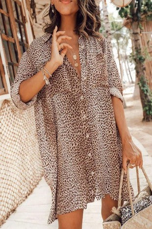 Khaki and Black Cheetah Shirt Dress