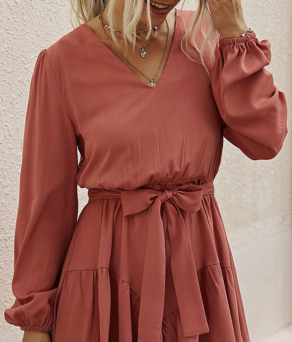 V-Neck Long Sleeve Belted Dress in Clay