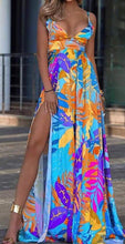 Load image into Gallery viewer, Multicolor Palm Leaf Print High Slit Maxi Dress
