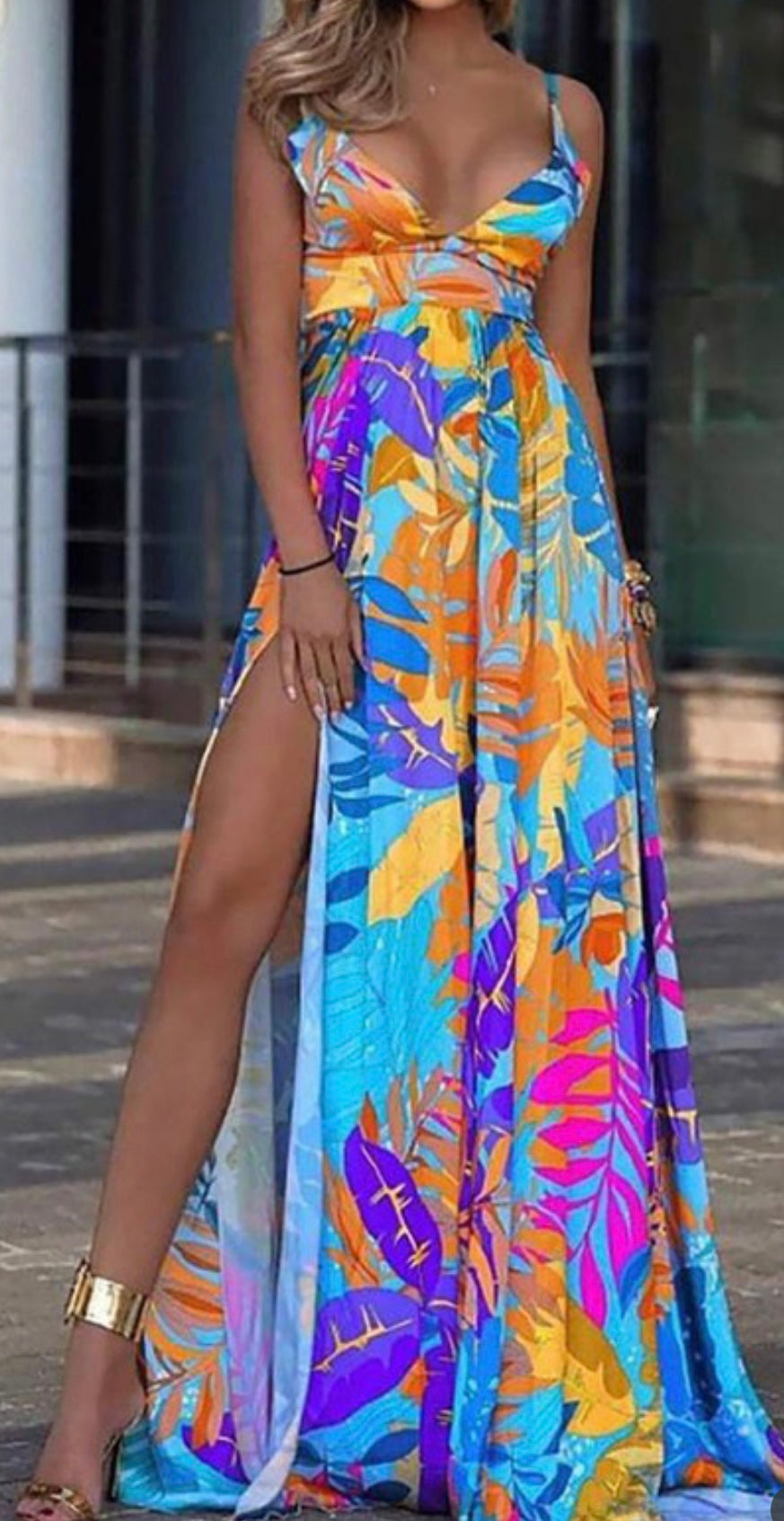 Multicolor Palm Leaf Print High Slit Maxi Dress