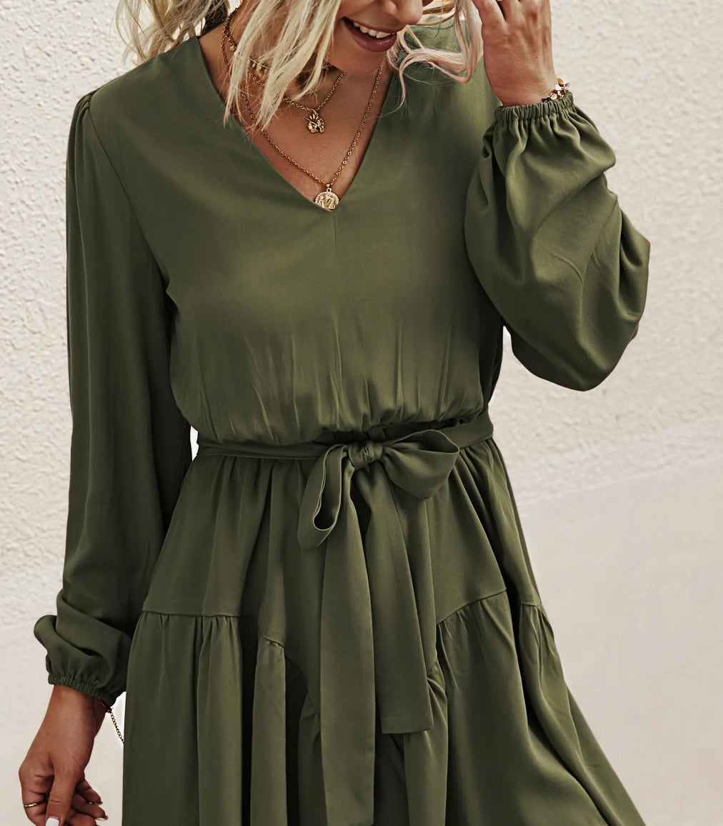 V-Neck Long Sleeve Belted Dress in Olive Green