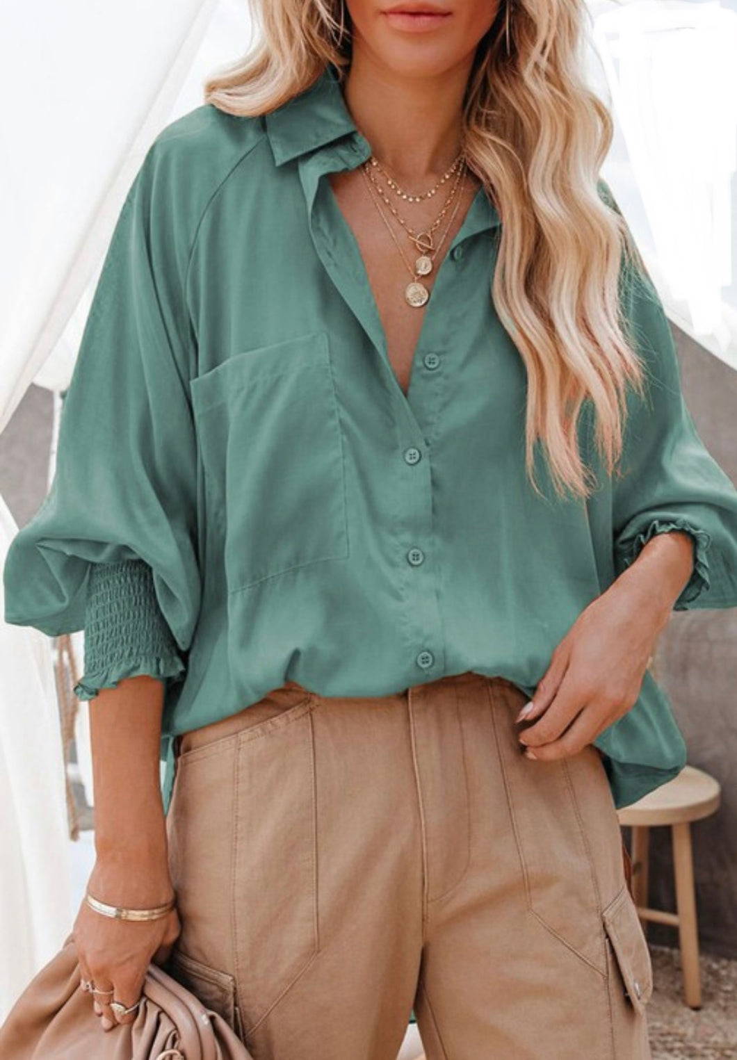 Casual Billowy Long Sleeve Top with Pockets in Sea Foam Green