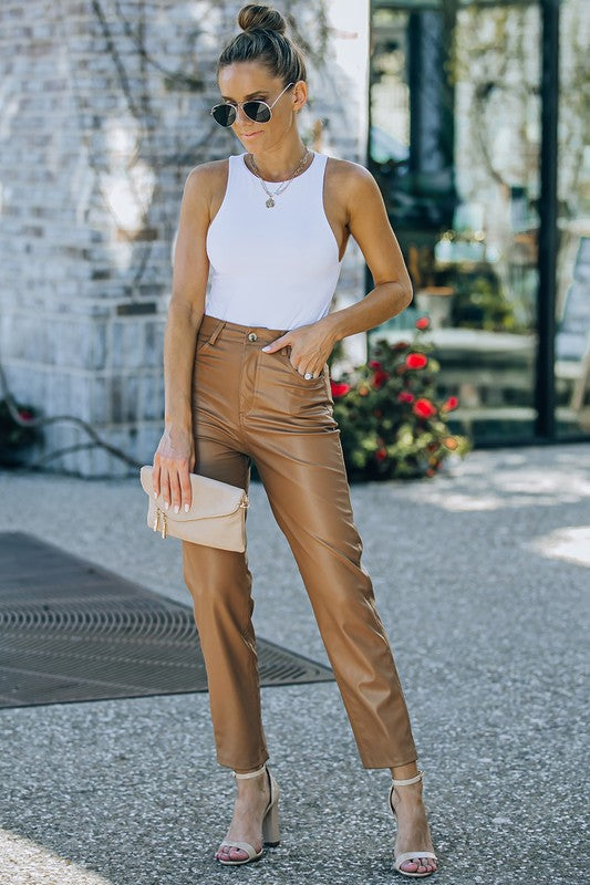 Khaki Leather Pants with Pockets