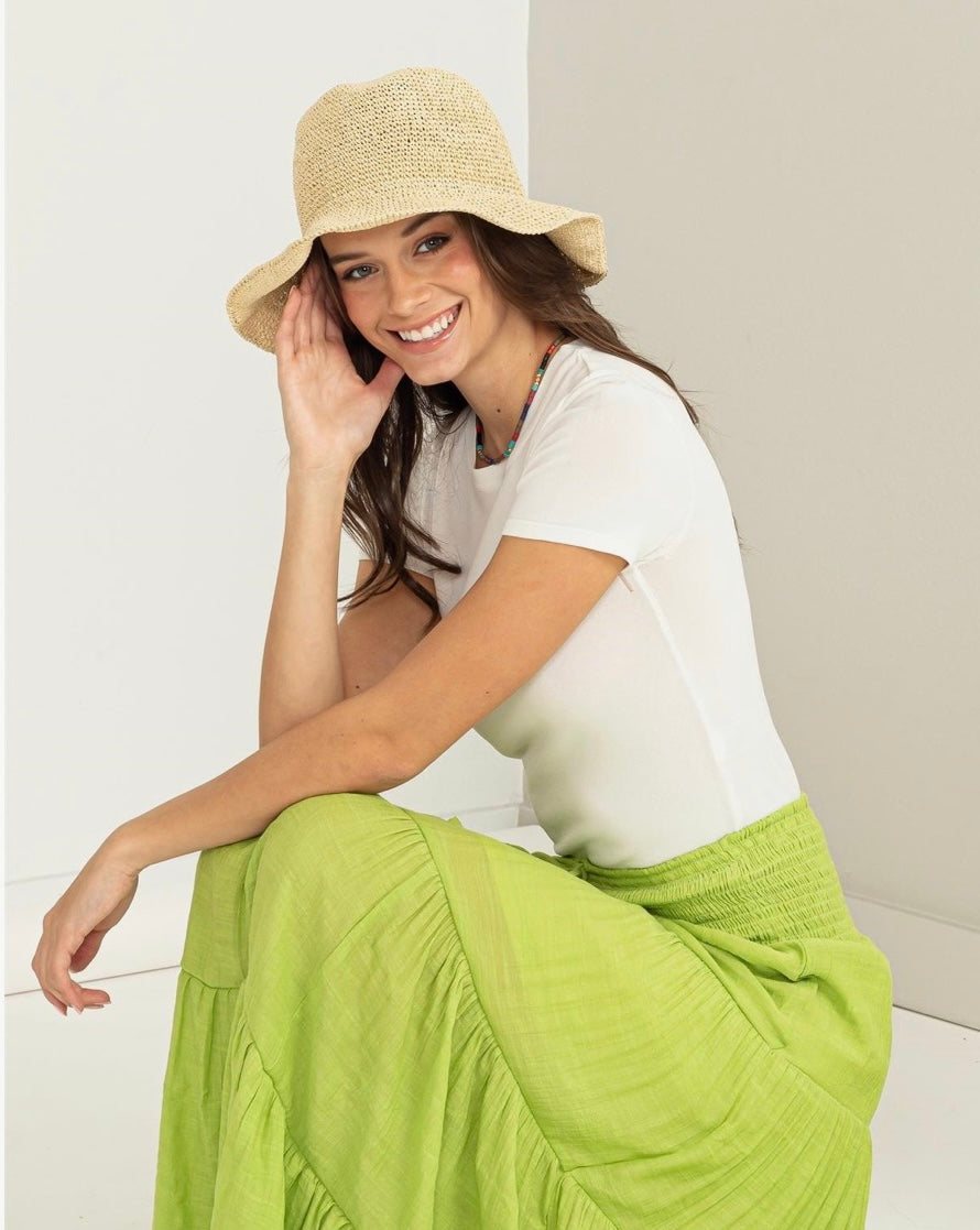 High Waisted Lime Tiered Skirt with Drawstring Closure