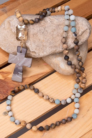 Natural Stone Beaded Necklace with a Crystal and Cross Pendant