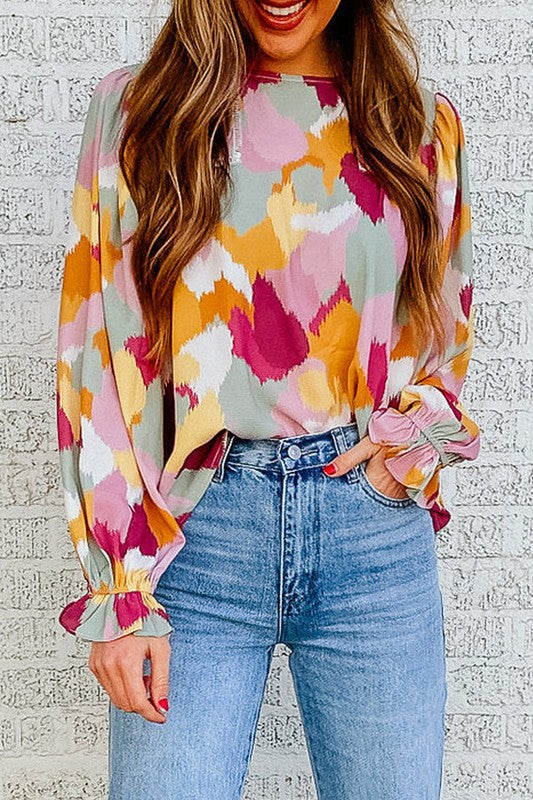 Abstract Print Blouse with Puffy Long Sleeves