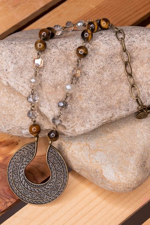 Natural Stone Beaded Necklace with a U-Shape Pendant