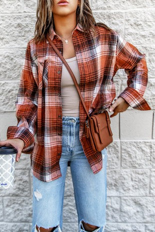 Turn Down Collar Plaid Shirt in Orange, Brown and White