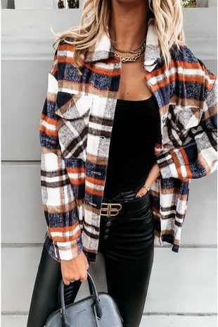 Red, Tan and Blue Plaid Long Sleeve Shacket