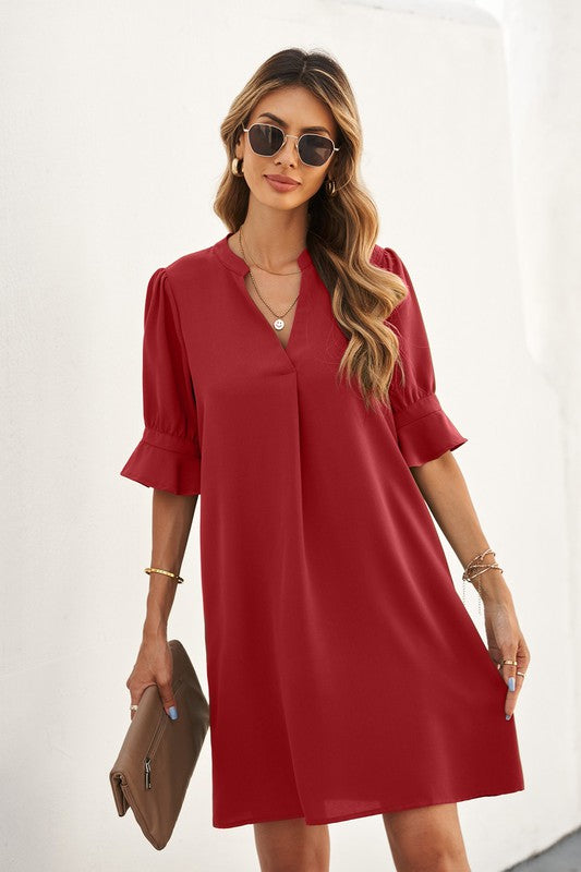 Shift Dress with Ruffled Sleeves in Red