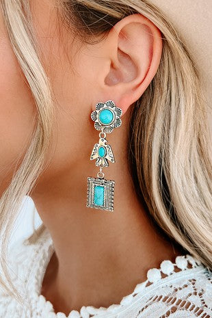 Silver Dangle Earrings with Turquoise Marble Flower, Bird and Square