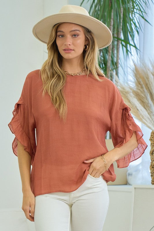 Ruffle Sleeve Blouse in Terra Cotta