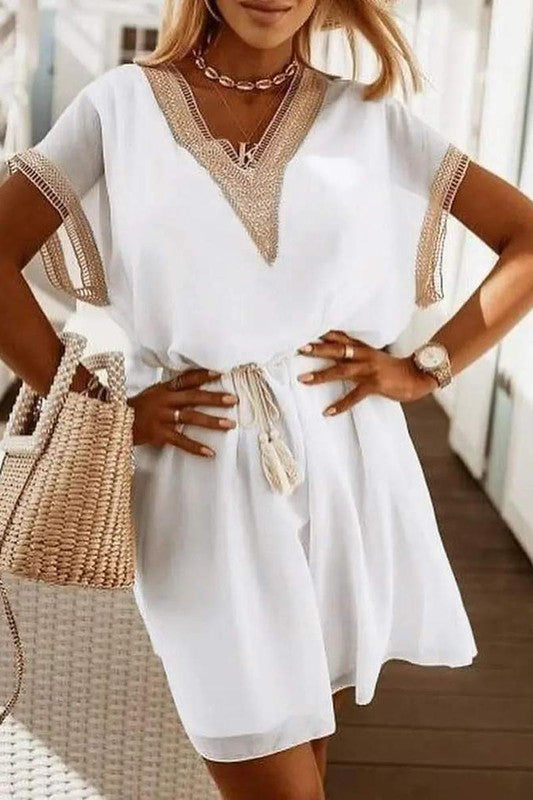 White Mini Dress with V Neck and Batwing Sleeves