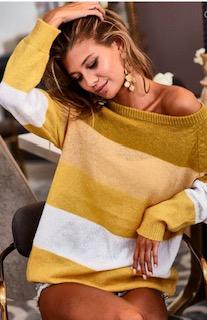 Yellow and White Color Block Striped Sweater