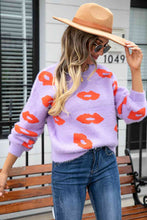 Load image into Gallery viewer, Printed Round Neck Long Sleeve Fuzzy Sweater
