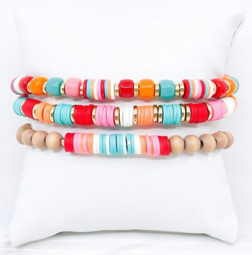 Multicolor Three Strand Rubber Disc and Wood Stretch Bracelet
